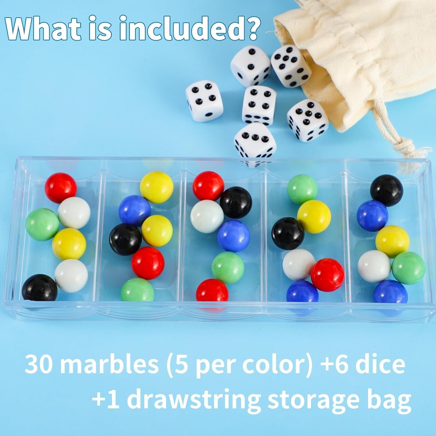 30 PCS Glass Marbles 6 Colors for Wahoo Marble Games and 6 Dices 0.63inches
