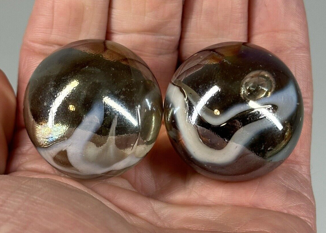 2 BOULDERS 35mm POLAR BEAR Marbles Swirl White/Brown Glass LARGE