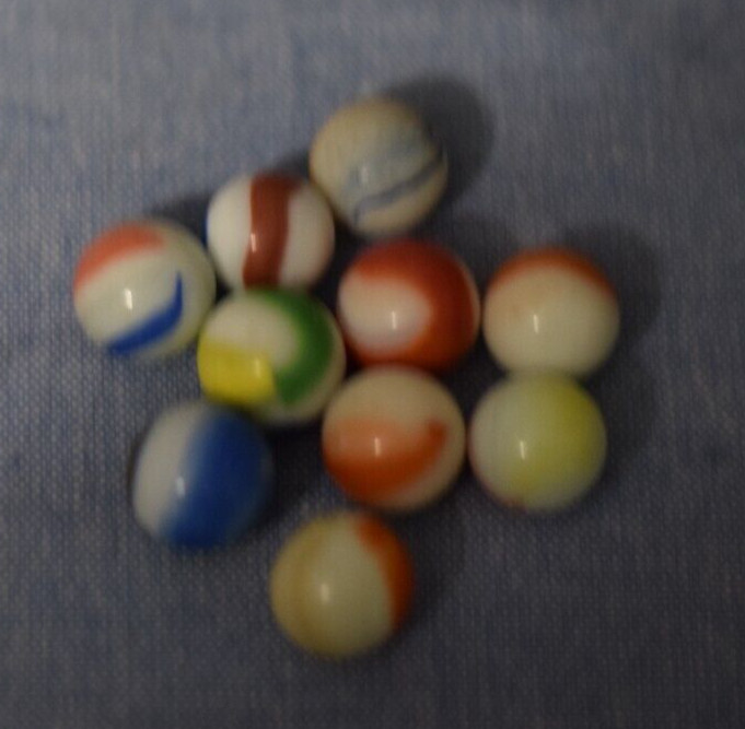 Vintage Lot of 10 White Milk Glass Multi-Color Swirl Marbles 16 mm – .6 in. C130