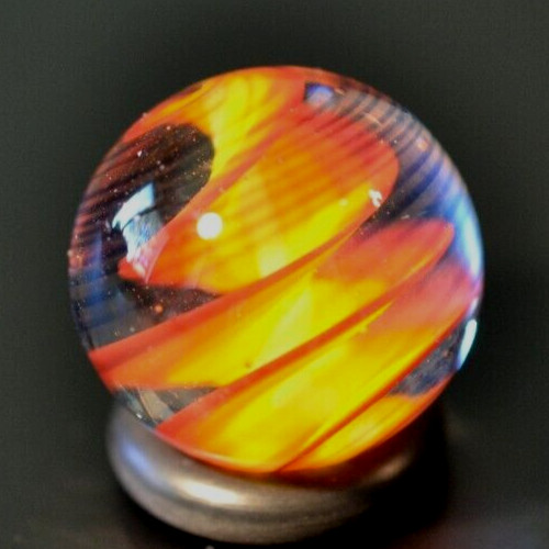 BRYAN TRILLAS GLASS MARBLE/.758″-BLUE BLACKLIGHT FIERY CORKSCREW-GOLDENROD,ORG+