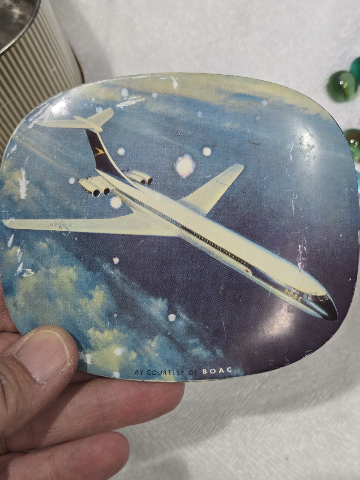 Vintage BOAC VC10 Toffee Tin & 109 Marbles | 70s 80s Cat’s Eyes Shooters Boulder