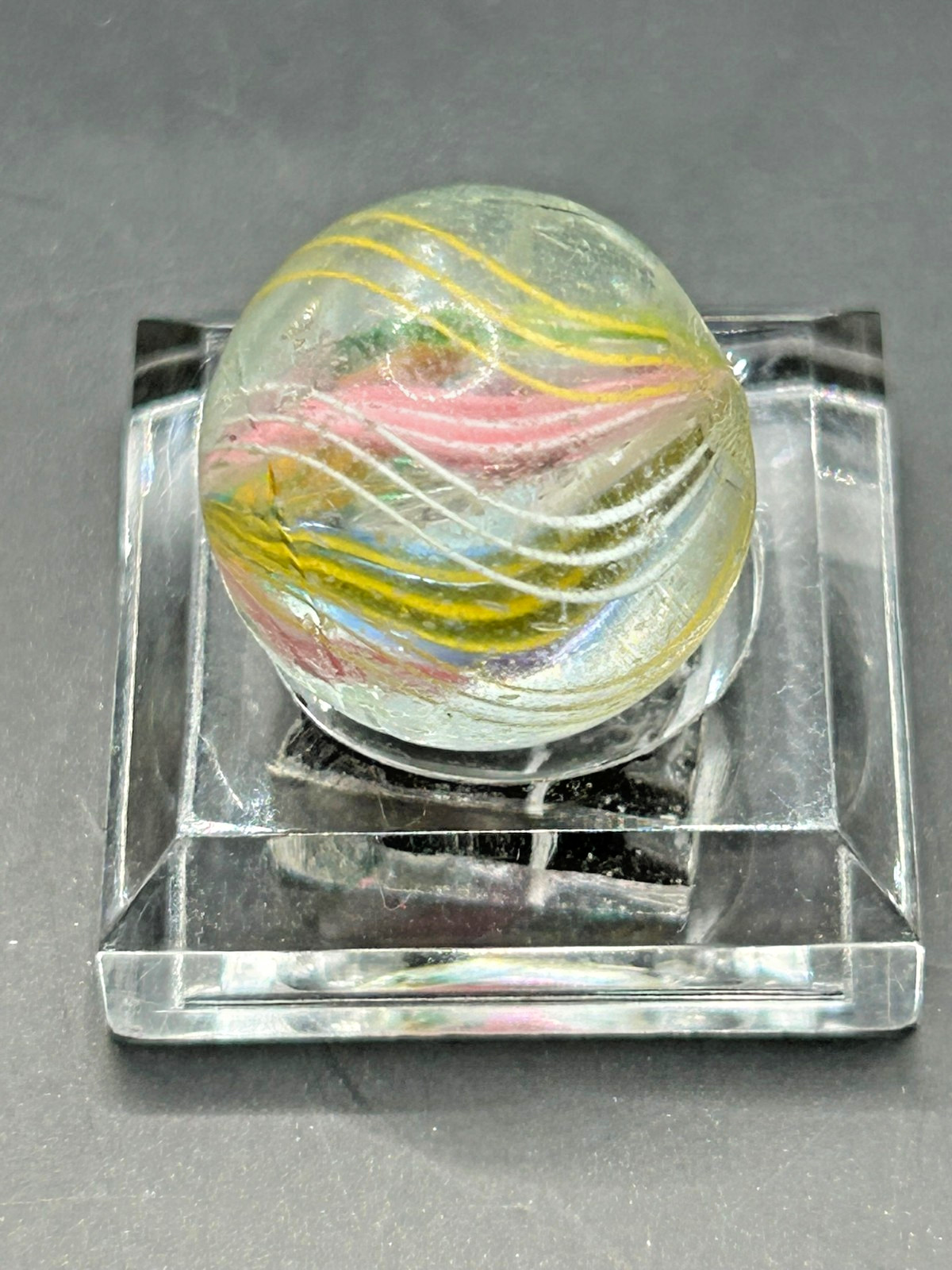 German Divided Core Latticino Swirl Marble 19/32″ NM+ Pink Yellow Green E1.29