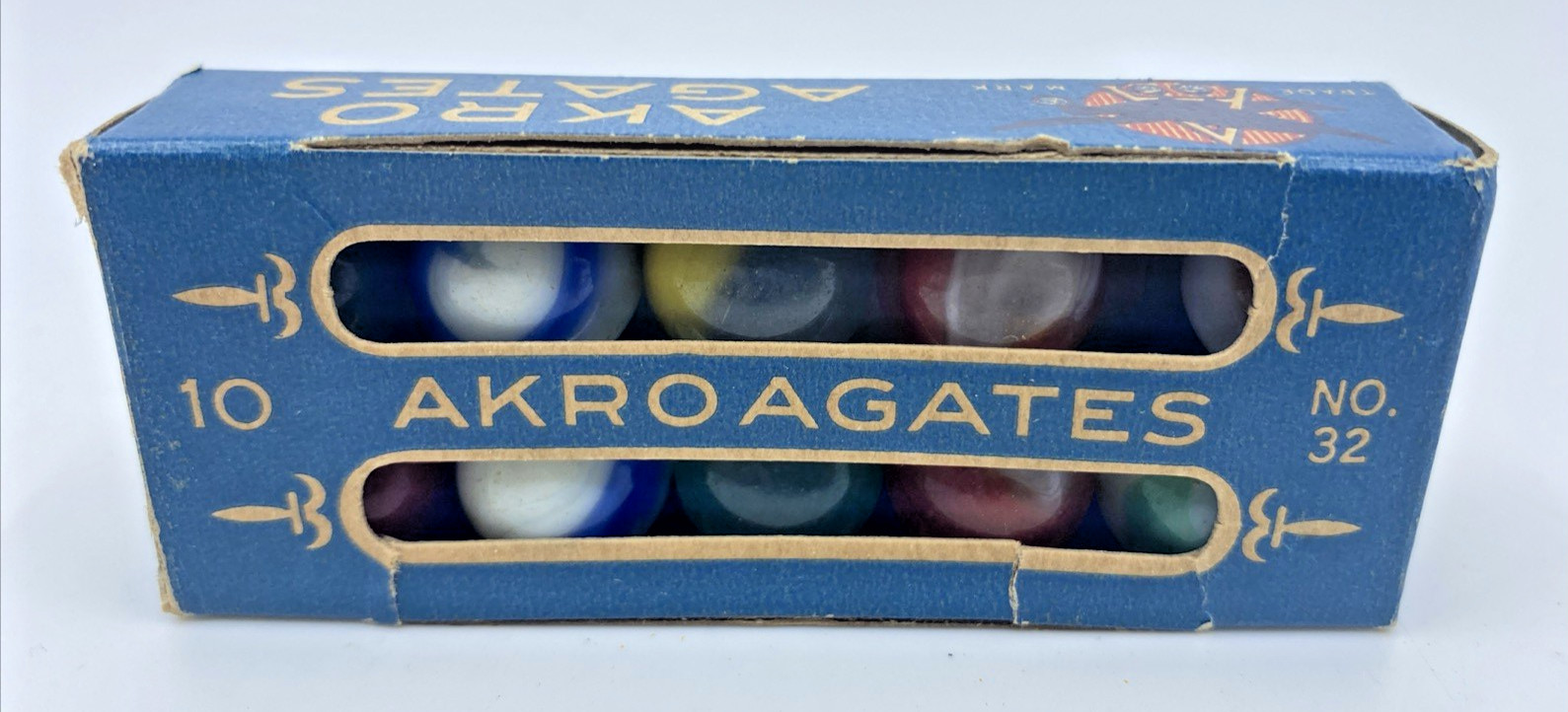 Vintage 1920s-1930s Akro Agate Co. 10 Corkscrews Marble Box No 32 Rare USA