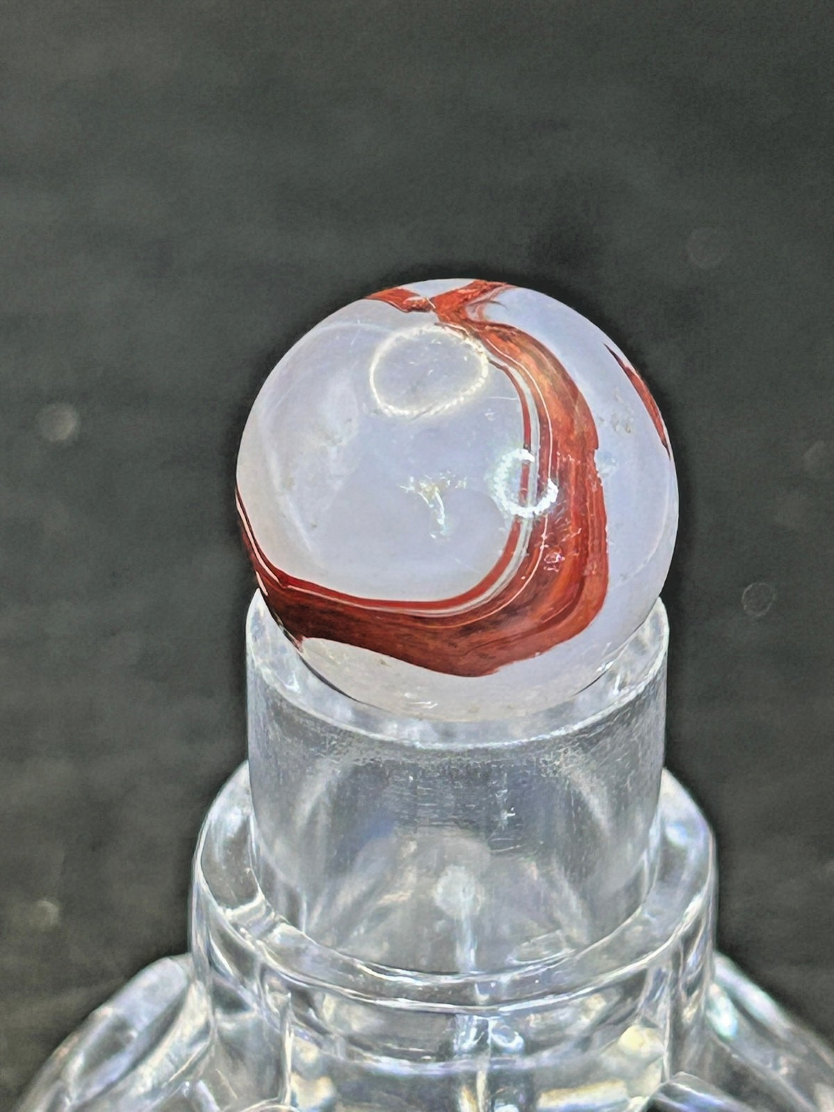 Vintage Akro Agate Silver Oxblood Red/White Swirl Marble, .61″, Near Mint, #OB12