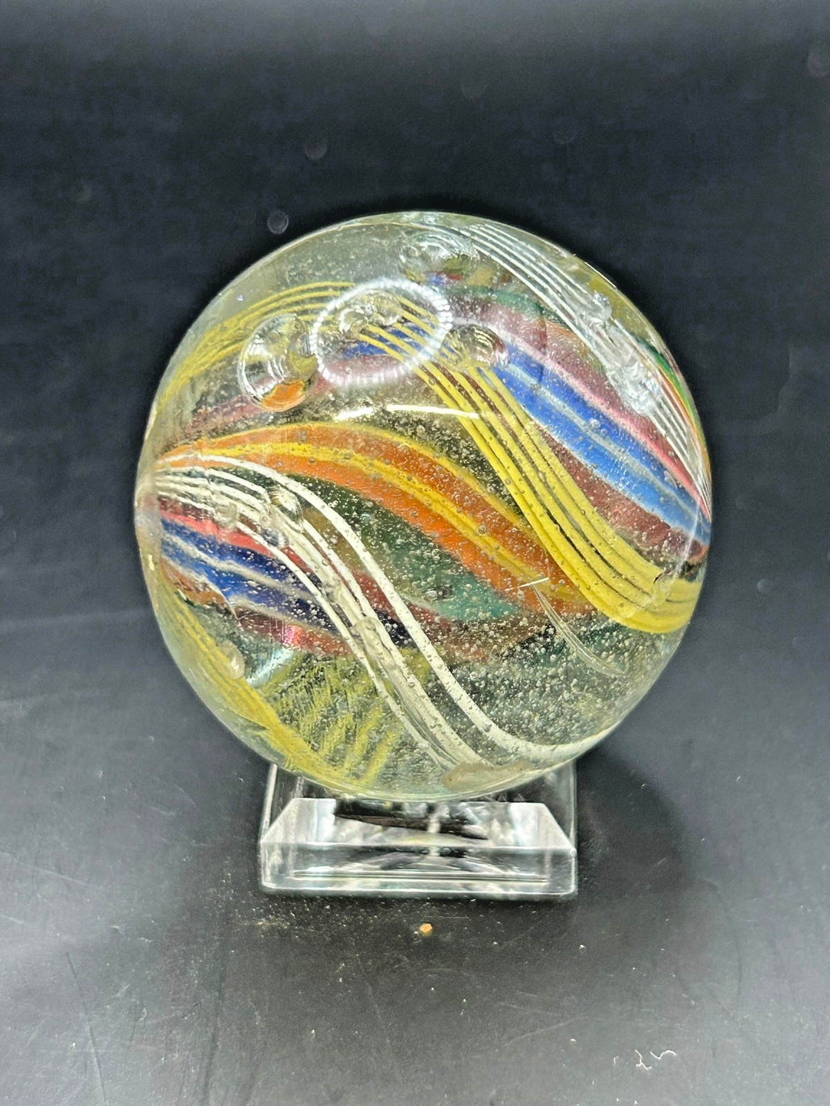Antique German Divided Core Yellow White Latticino Marble 1 9/16″ NM- E3.2