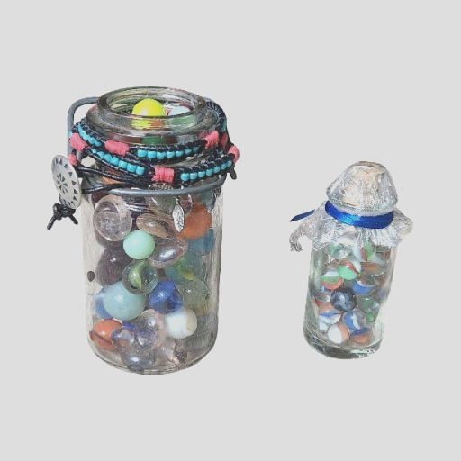 2 Small Glass Jars filled w/123 total Vintage Glass Marbles, Glass Hearts