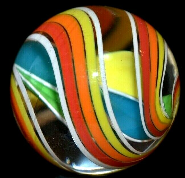 JODY FINE GLASS MARBLE/1.343″-CITRUS 3 FIN SWIRL-TURQUOISE,YELLOW,LIME,ORANGE+