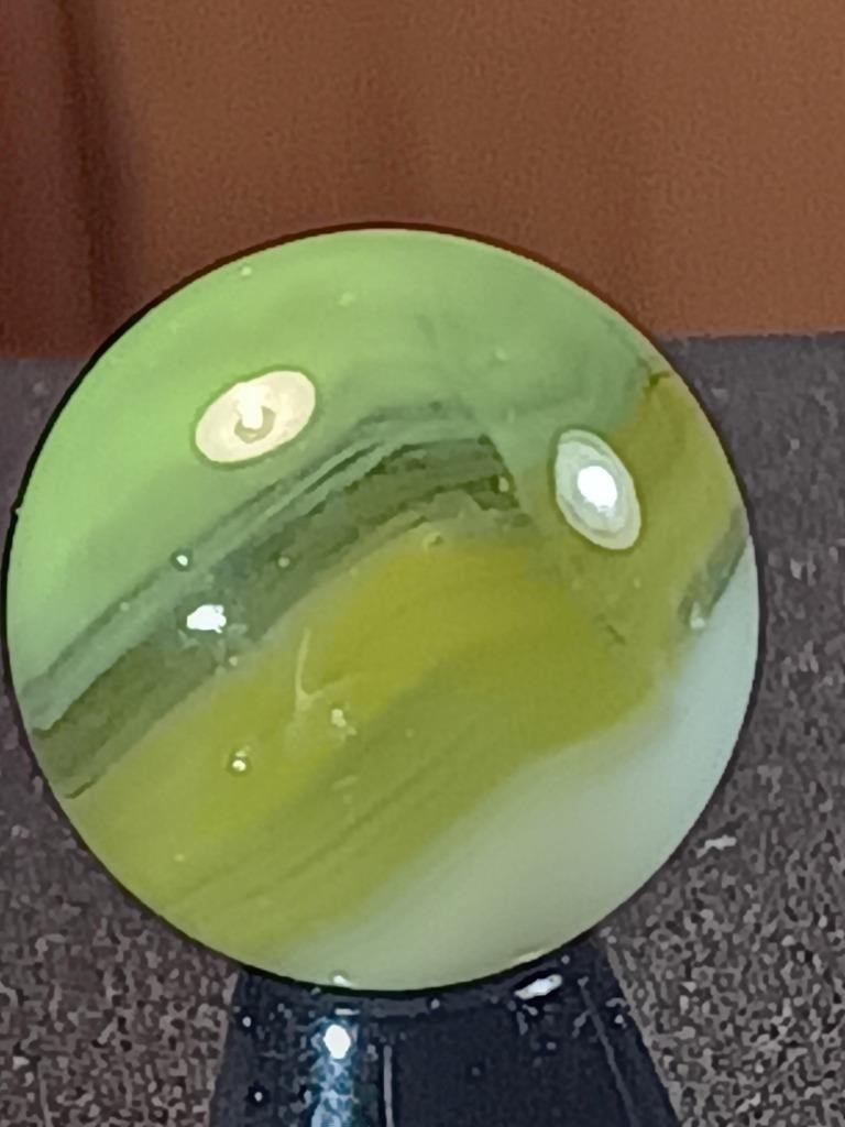9/16″ Vitro Jade Green Yellowed Lime Moss Ice White on Clear Serious Marble B157