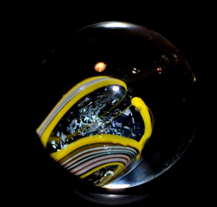 MIKE WARREN GLASS MARBLE/1.153″-TRIPLE ABALONE-PINK,EGGPLANT,GOLD,DICHROIC+