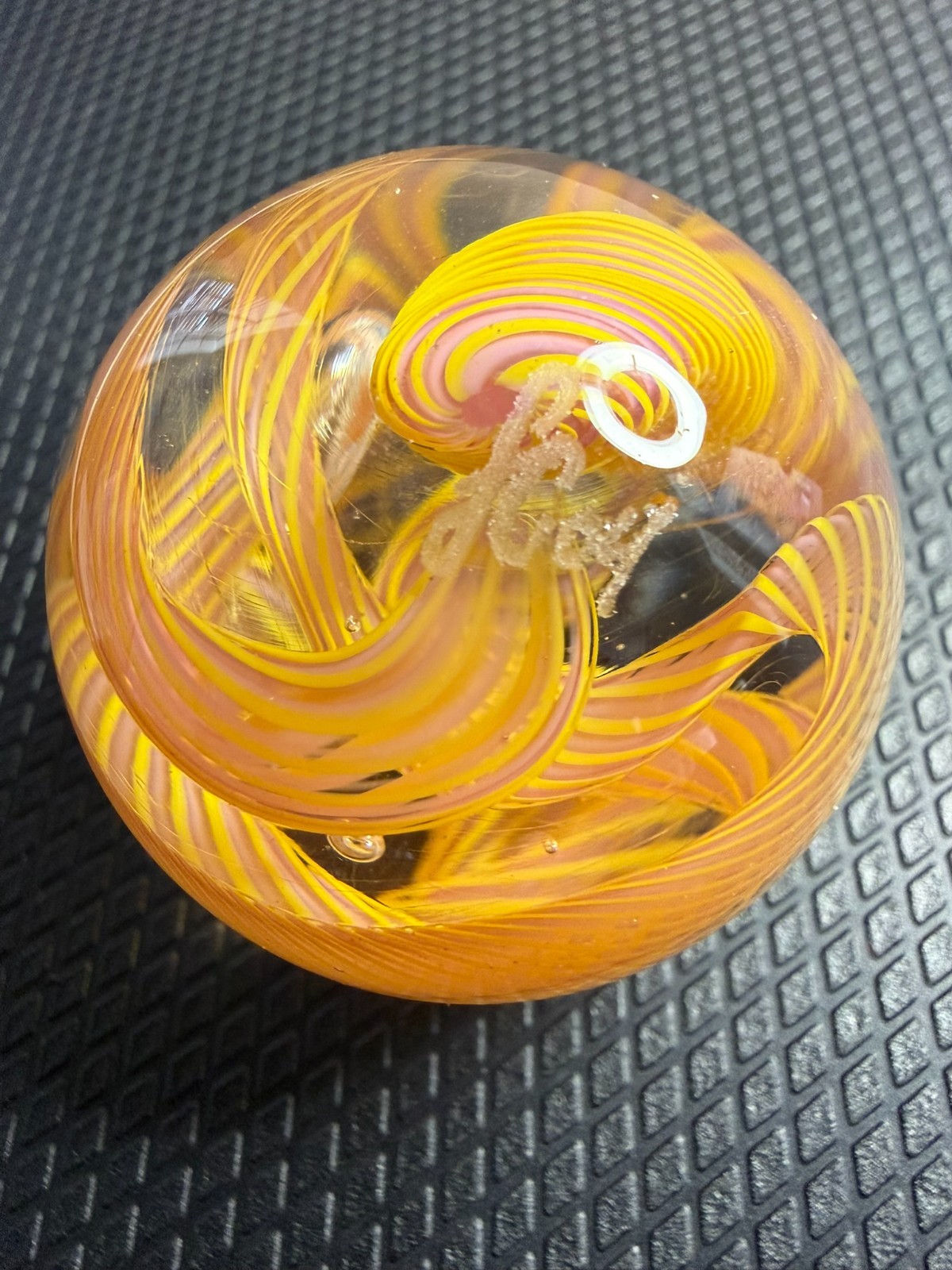 Francis Coupal 1.91″ Contemporary Handmade Art Glass Marble Yellow Ribbon Swirl