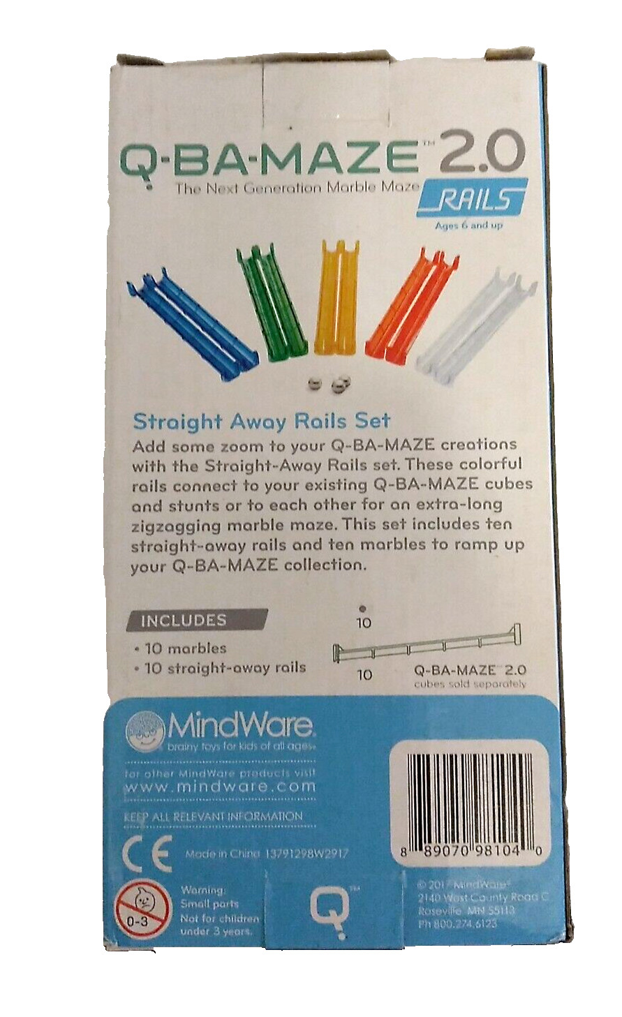 Mind Ware Q-BA-MAZE 2.0 Straight Away Rails Set with Marbles HTF New Open Box