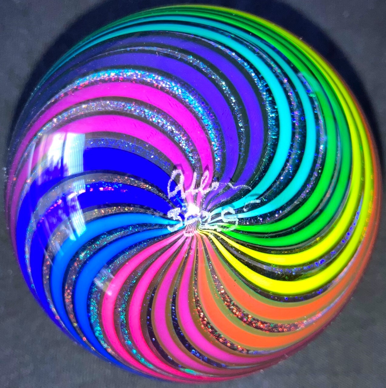 JAMES ALLOWAY Art GLASS MARBLE + STAND 2.87″ Huge DICHROIC RAINBOW VORTEX Signed