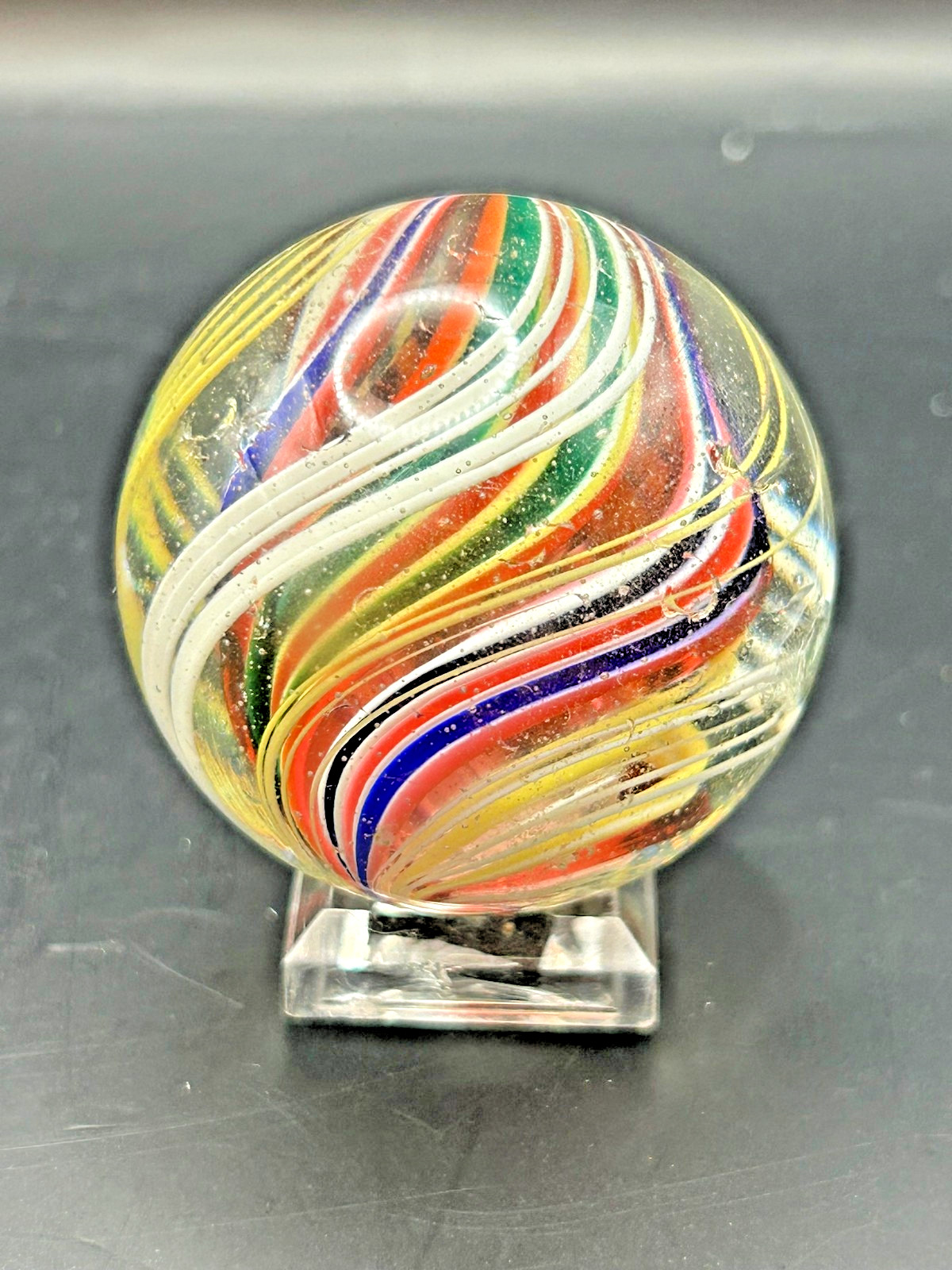Antique German Divided Core Latticino Swirl Marble 1-11/16″ Polished E3.10