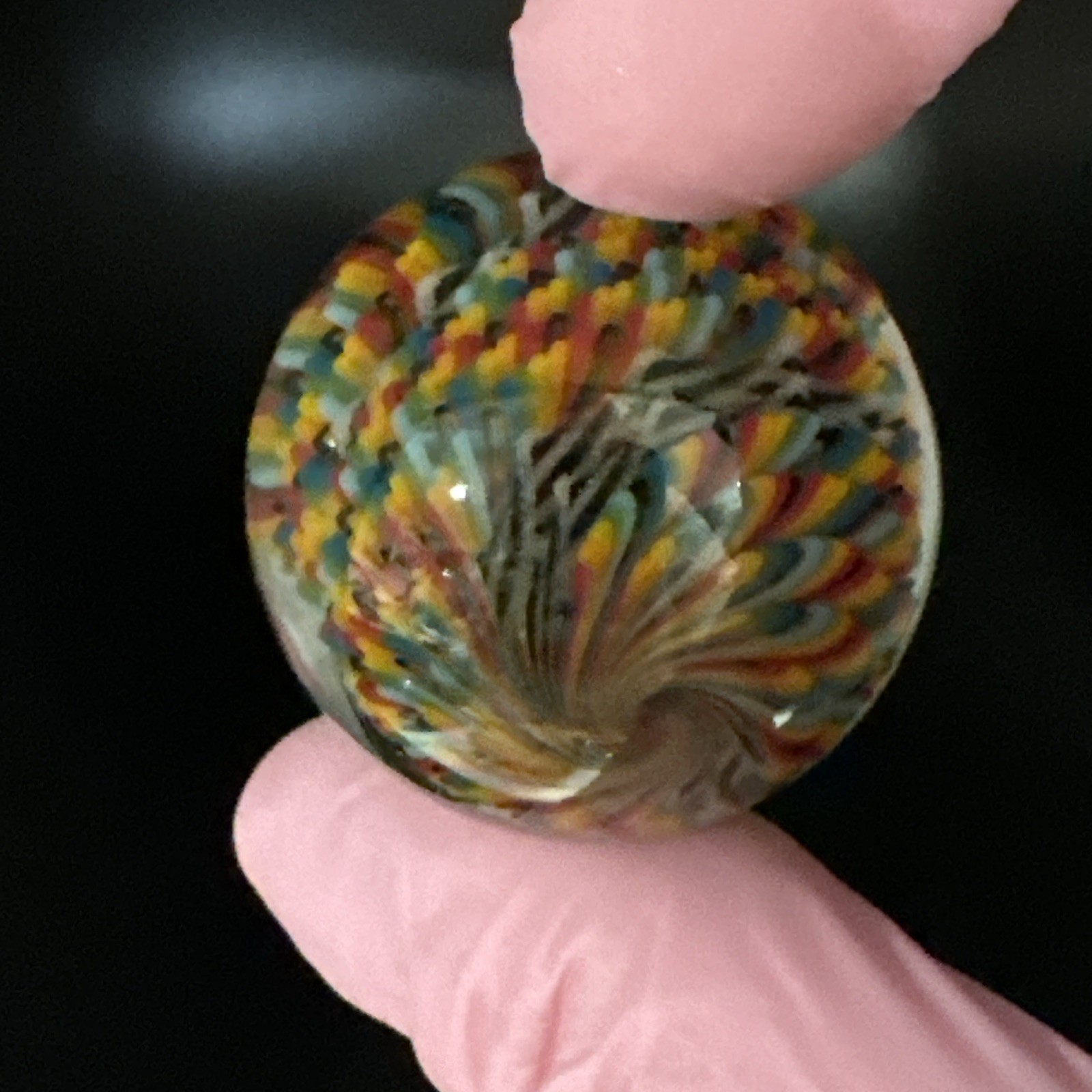 Contemporary Handmade Art Glass Marble 1.33″ Filigree Cane, Rainbow, Black White