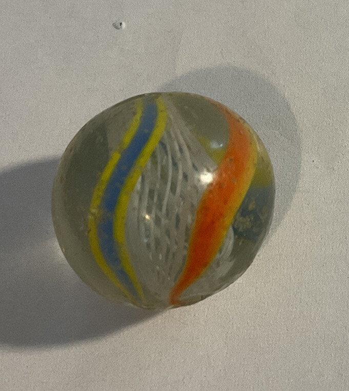 Vintage White Latticino Caged Swirl Marble Blue Orange Yellow Shooter 7/8″