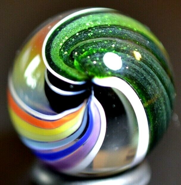 JODY FINE HANDMADE GLASS MARBLE/.880″-ZEBRA CORE w/RAINBOW & GREEN LUTZ RIBBONS-