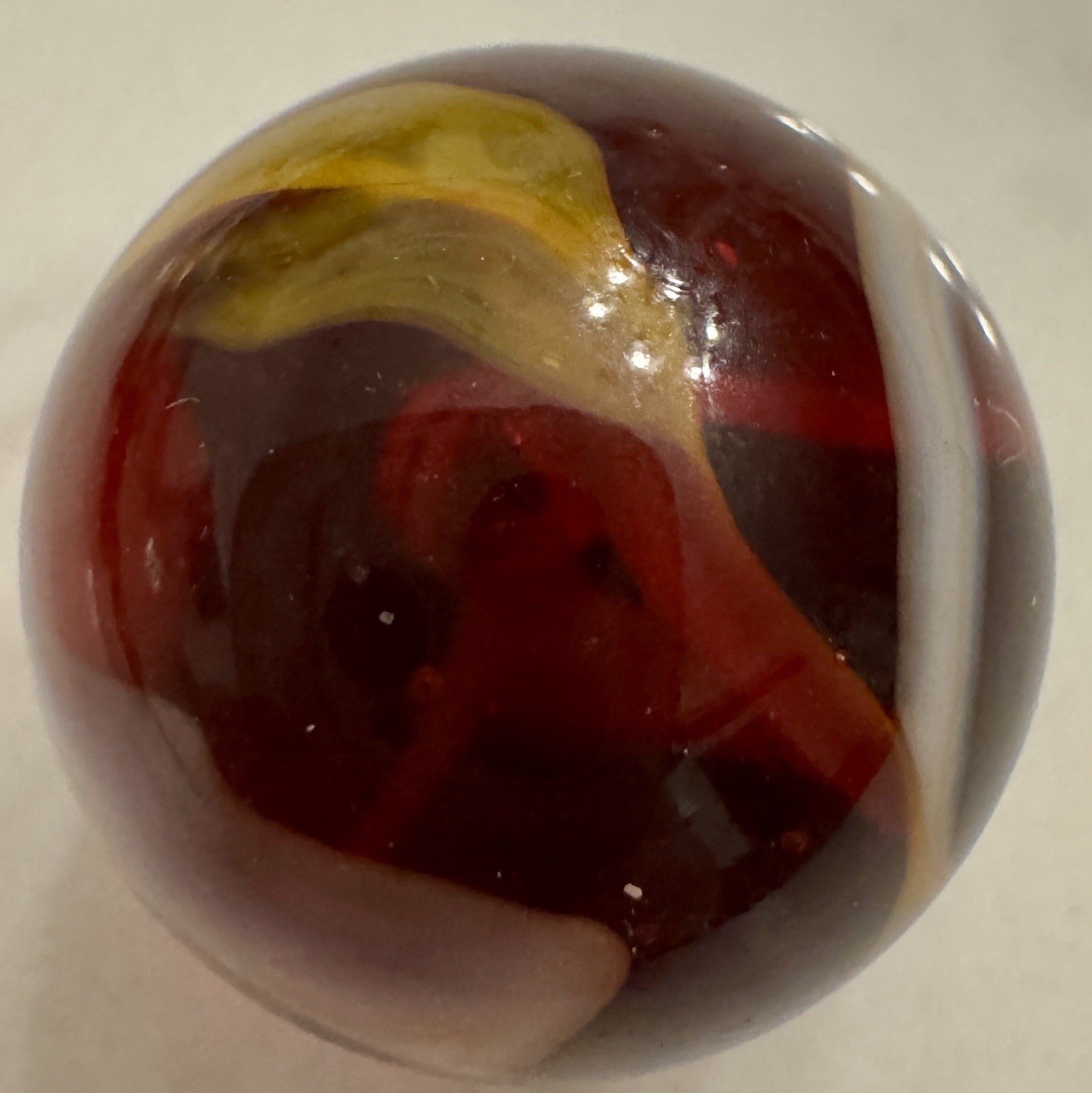 Vintage Handmade Large 1” Glass Shooter Marble Ruby Red White Yellow Swirl 25mm