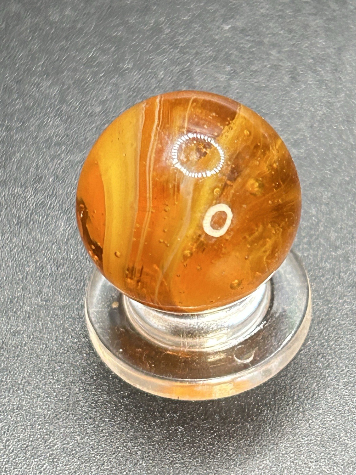Vintage MF Christensen Amber Base 9 & Tail Marble w/Below Surface Pattern 0.709”