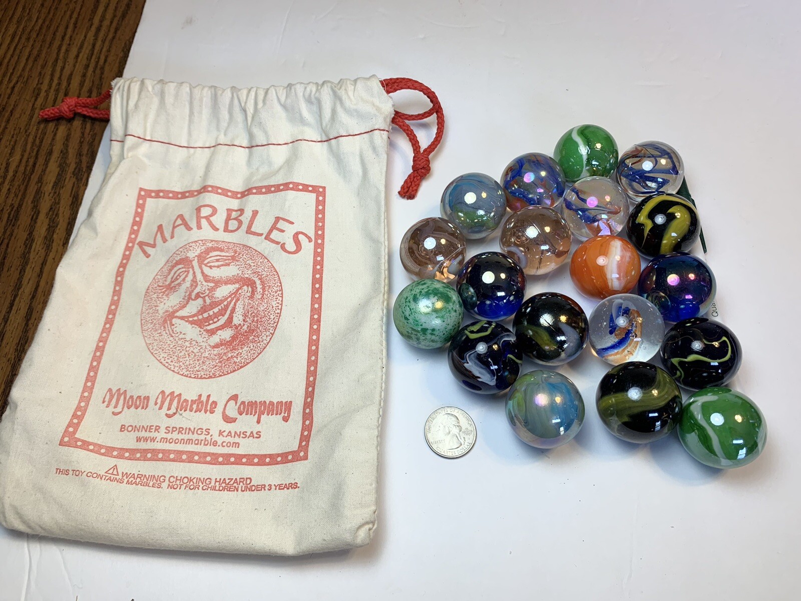 19 Vintage Moon Marble Company Bonner Springs, KS Hand Blown + Bag Shooter Size