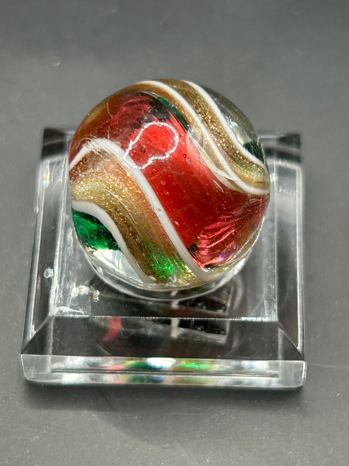 Antique German Cranberry Green Ribbon Core Lutz Marble 11/16″ Mint- E2.2