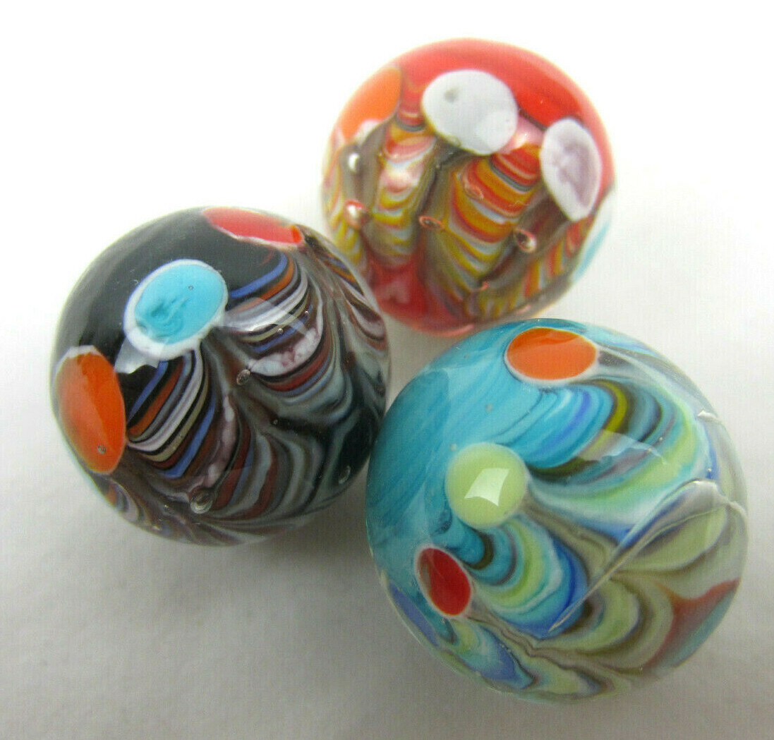 3 BIG TOP 16mm Handmade Art Glass Blue Red Spots/Dots Marbles
