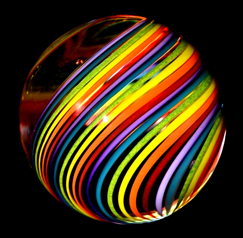 JOHN GIBBONS GLASS MARBLE/2.038″-SIMPLY A PERFECT RAINBOW-CRIMSON,ORANGE,GR.LUTZ