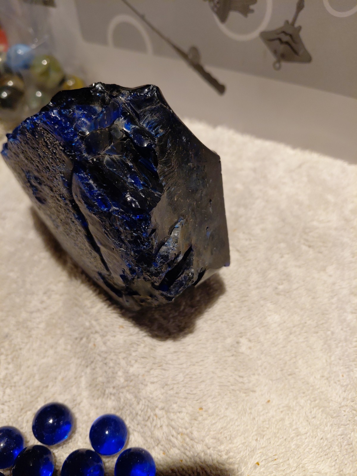 5.5″x3.25″ piece of cullet from Cobal Blue marble runs, With Marbles Includ