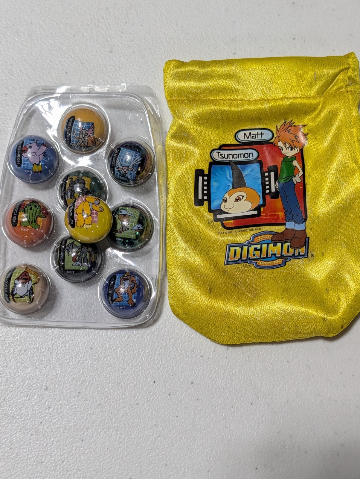 10x Digimon Marbles Lot w/ Yellow Pouch Collectible Set 2001 Togemon, Biyomon ++