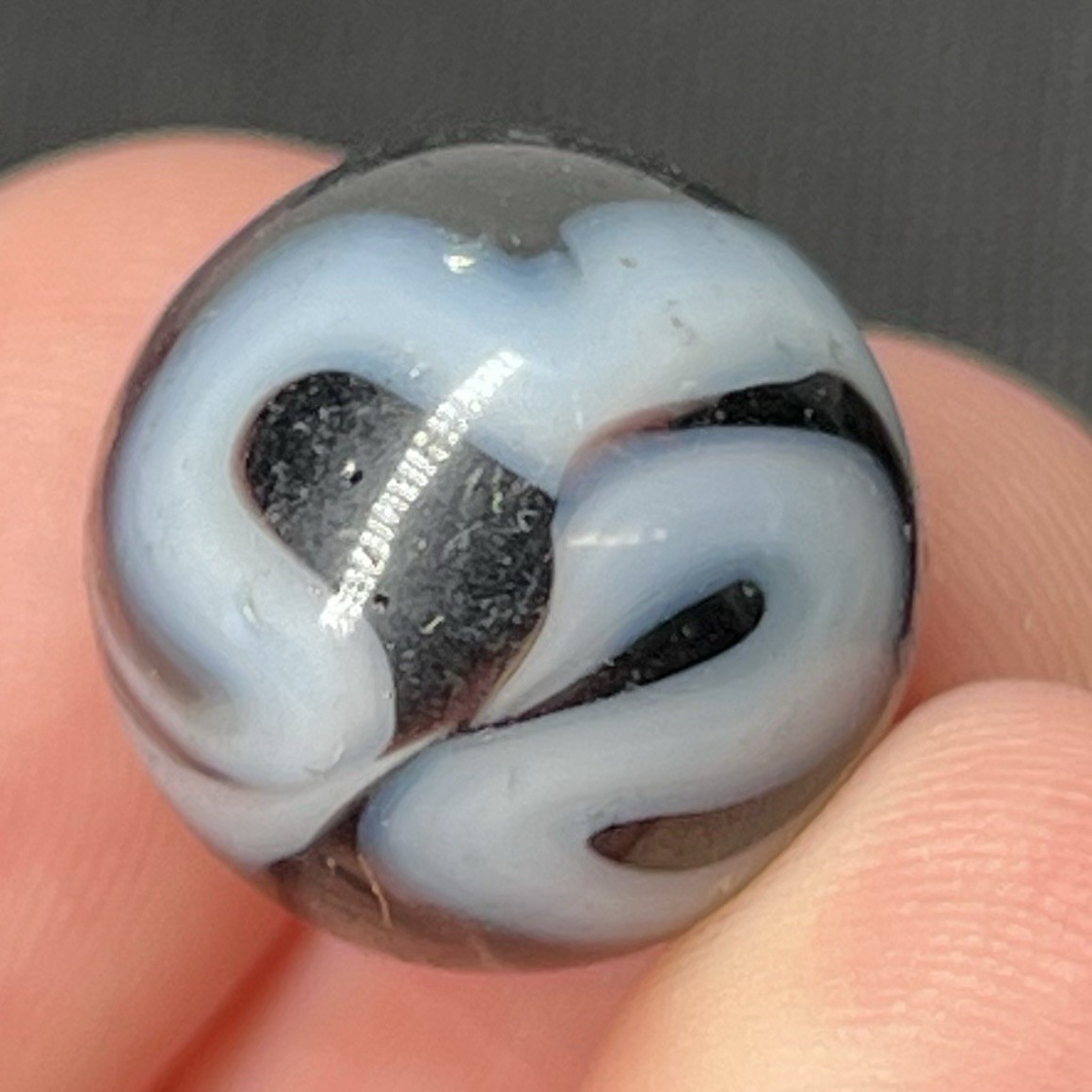 Rare Glass Swirl Marble Christensen Akro Agate Peltier .58” Shadow Black White