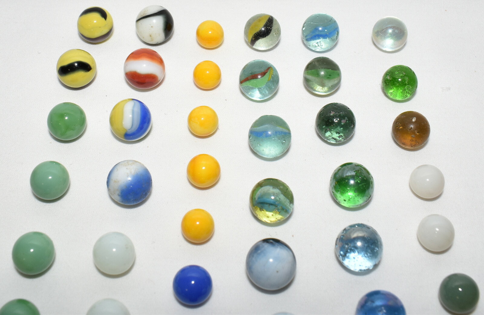 43 Vintage Glass Marbles Yellow Orange Blue Green White Black Various Patterns