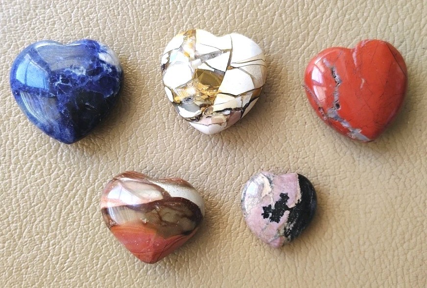 Vintage Marble Heart Rocks Polished Stones Gems Lot Of 5