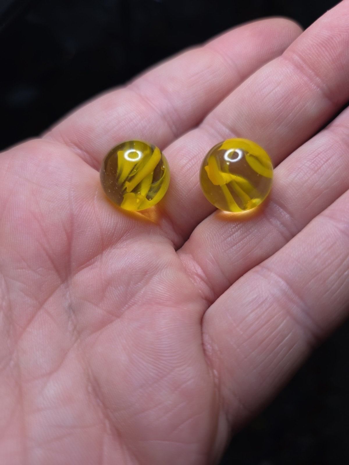 Vitro .6″ Agate Glass Yellow Cats Eye Marbles Lot Of 2 Antique Cadmium Glow