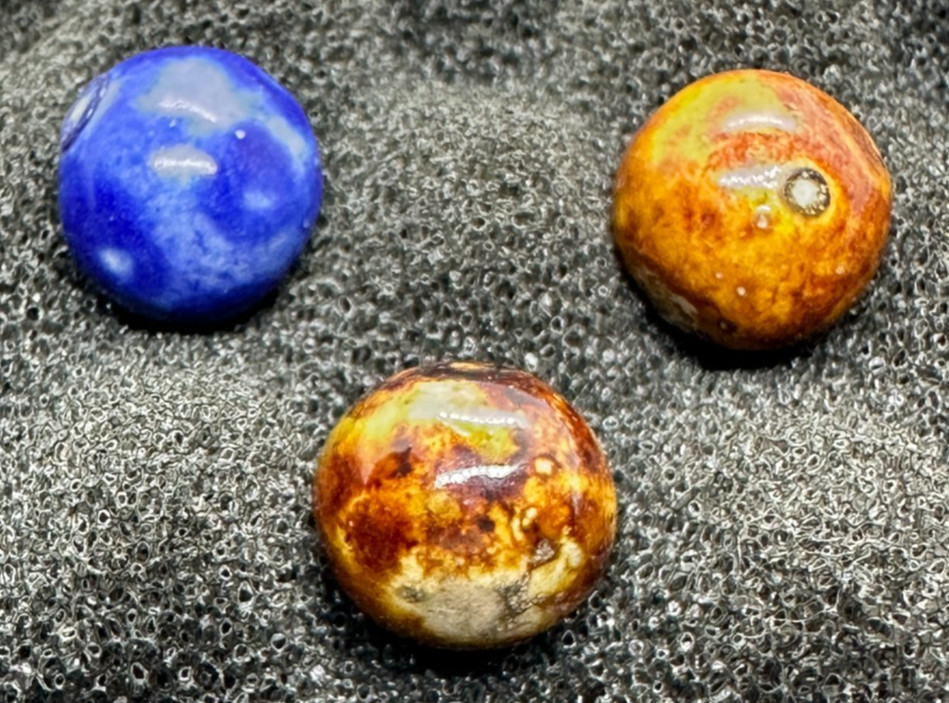3 ANTIQUE BENNINGTON MARBLES BLUE BROWN FANCY 1800’s HANDMADE GLAZED variation