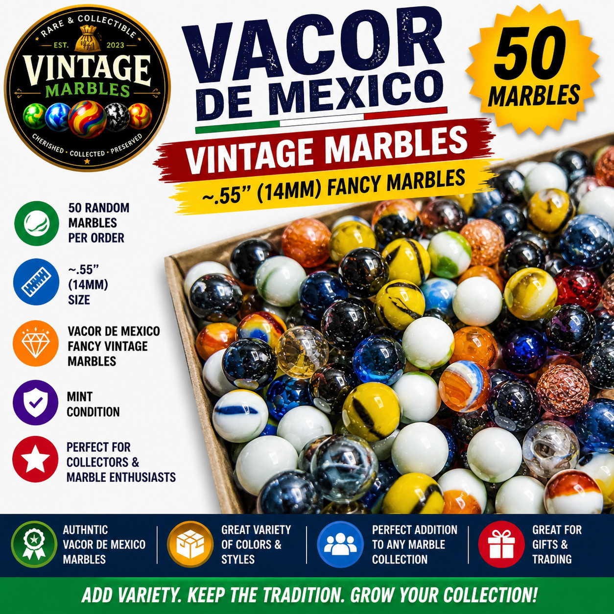 Vacor De Mexico Marble Lot 50 14mm .55″ Variety Mix Mint Fancy Glass Marbles Box