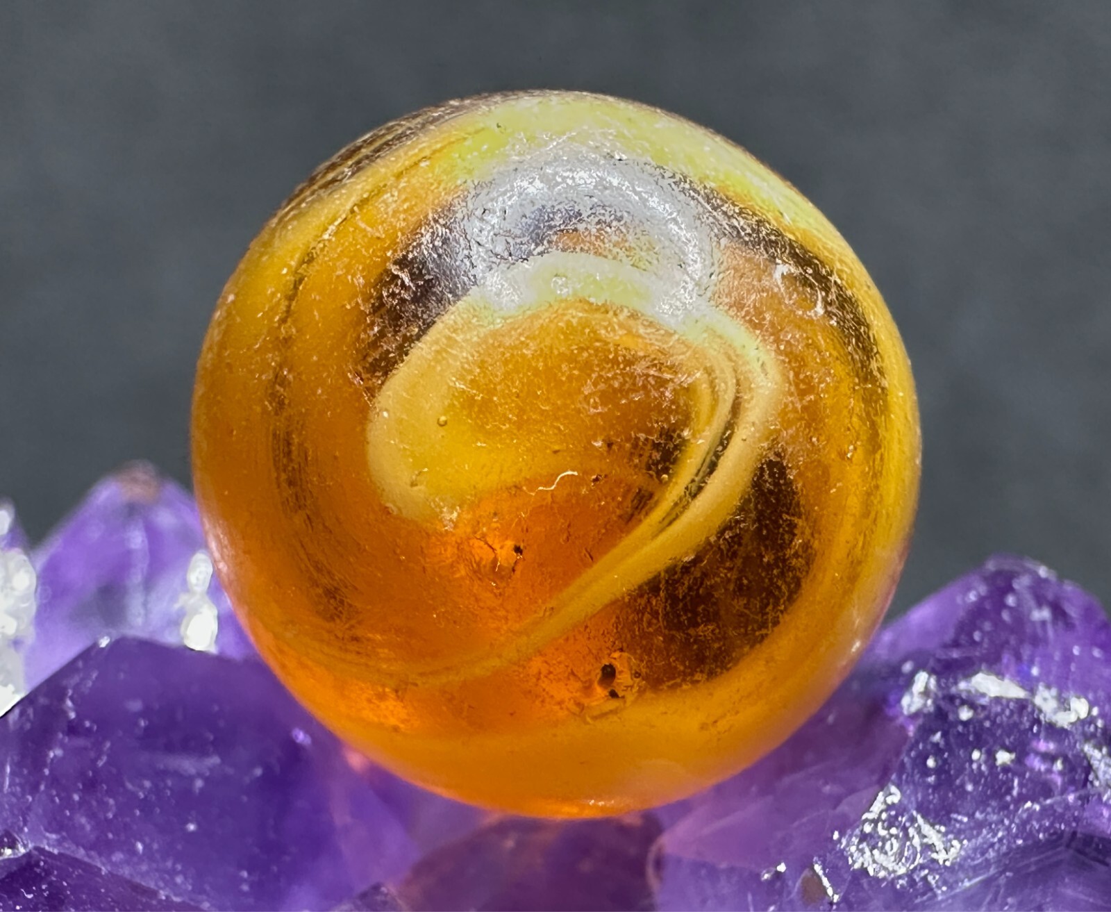 Vintage M.F. Christensen Slag Hand-Gathered ‘9 Tail’ Marble – AMBER – .76″