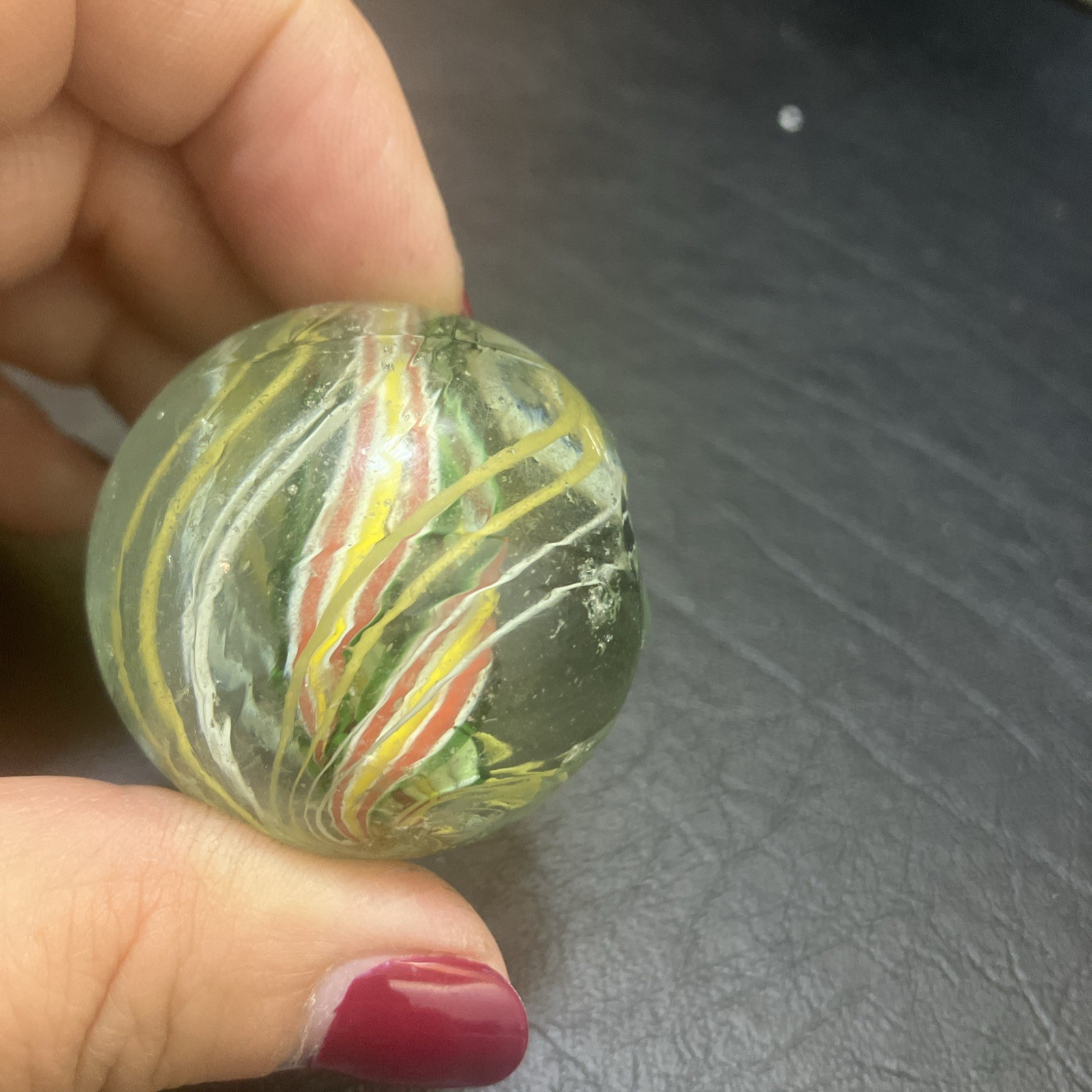 German Handmade Ribbon-Core Swirl Marble ~23mm Multicolor w/ White Cage (1As)