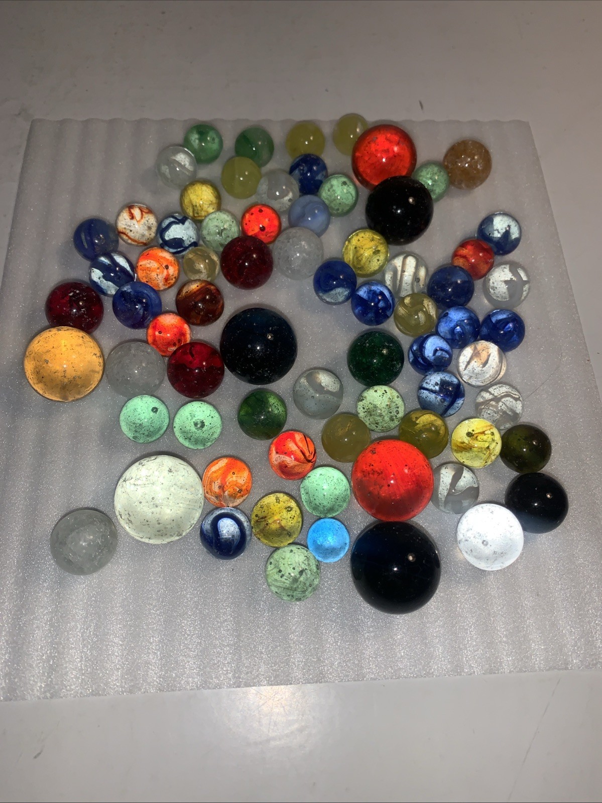 70+ Red Blue Green Yellow Iridescent Shiny Marbles w/ 7 Large & 10 Medium