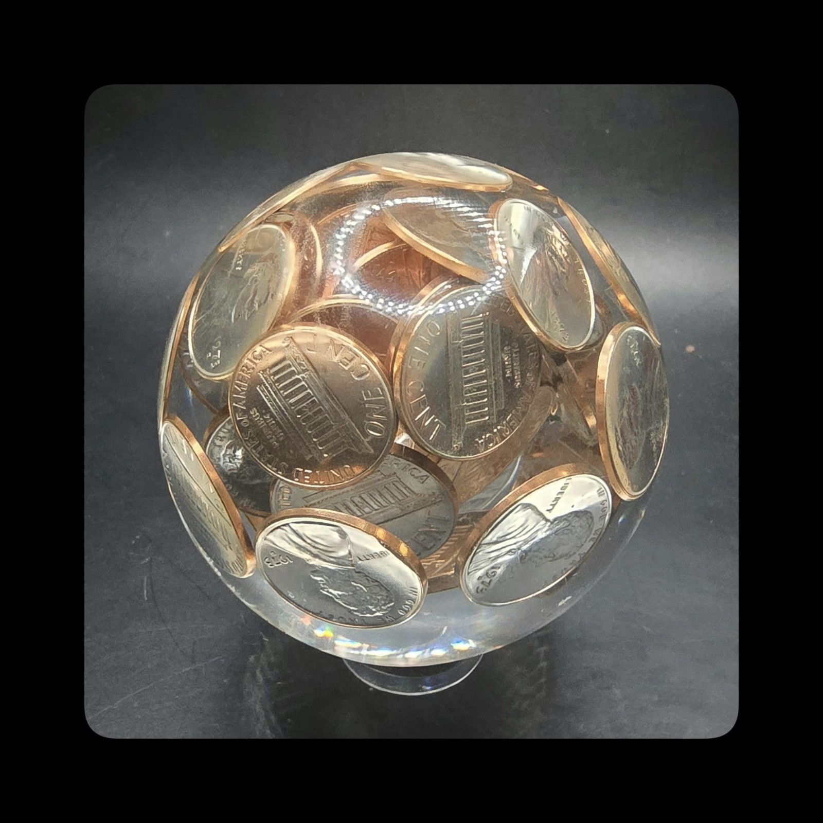 ~Mic’sMibs~ 2.75″ Lucite / Acrylic Contemporary Sphere with Pennies MINT