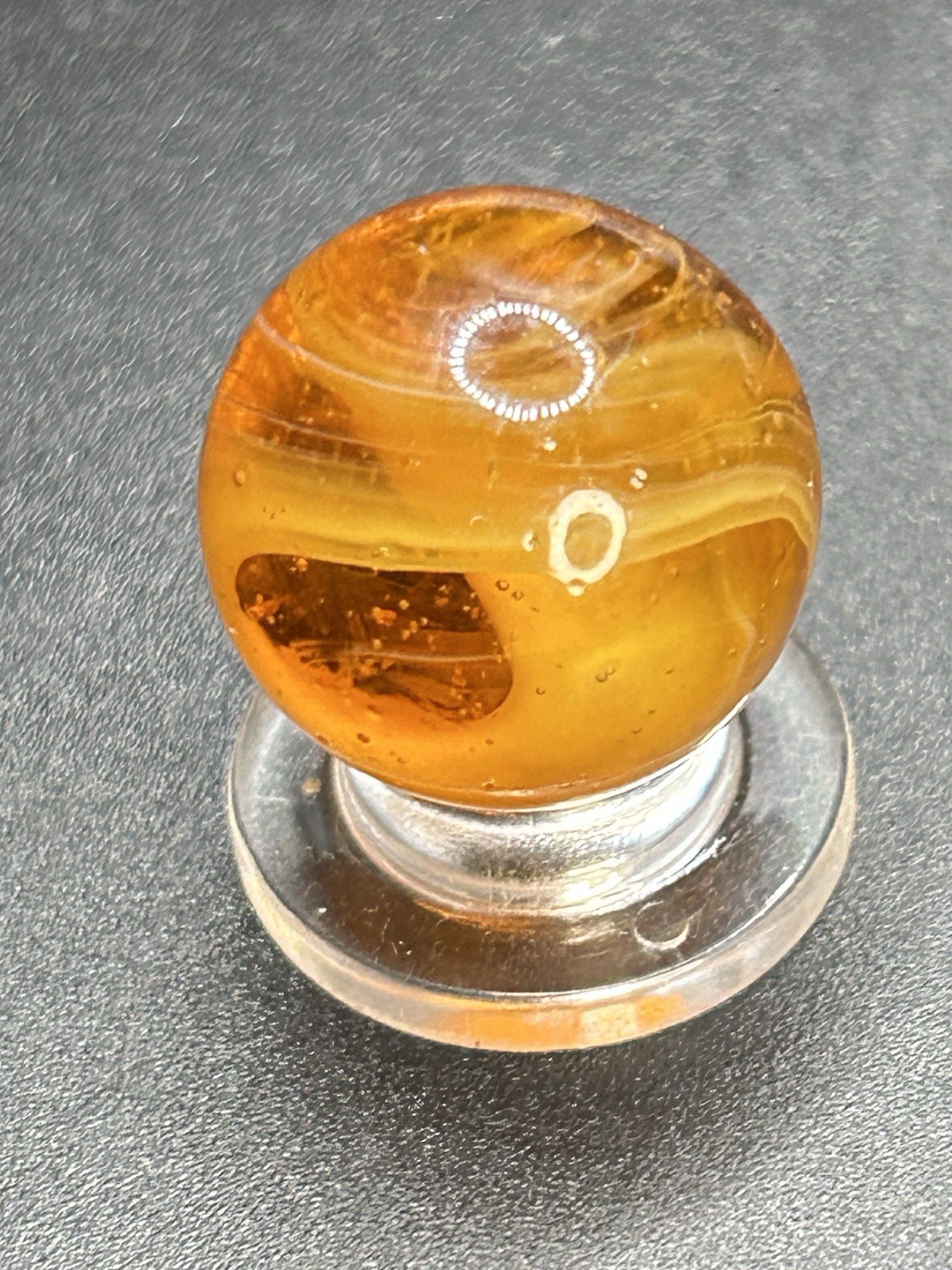 Vintage MF Christensen Amber Base 9 & Tail Marble w/Below Surface Pattern 0.709”