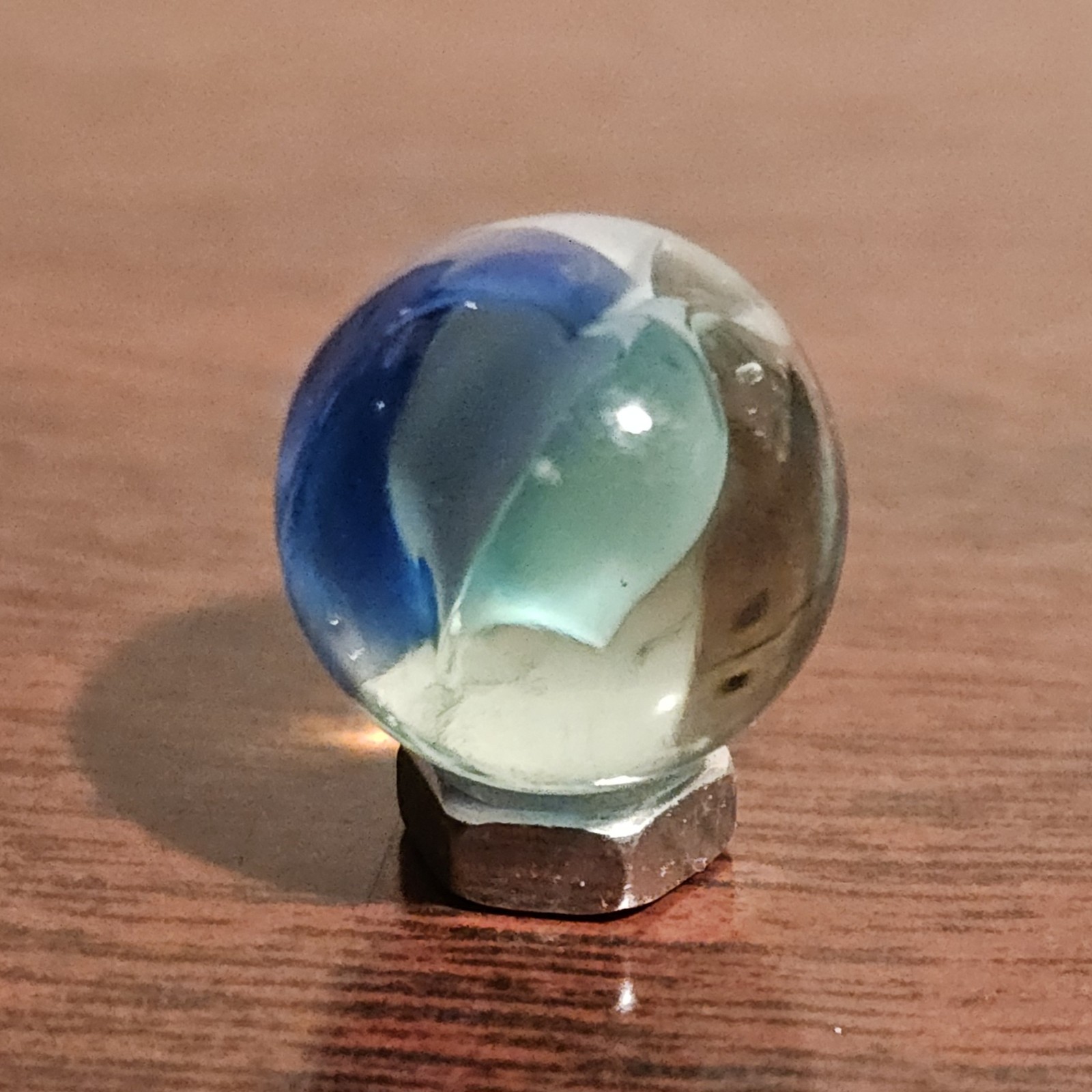 Vintage Dark Blue Light Blue Thru-White 6-Vein Cats Eye .592″ Glass Marble