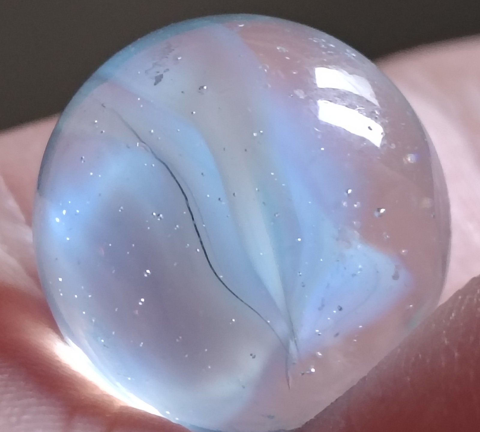 Vintage Fancy Four Vein 0.59″ White Blue Cats Eye Marble Ox Hair? Peltier Glass