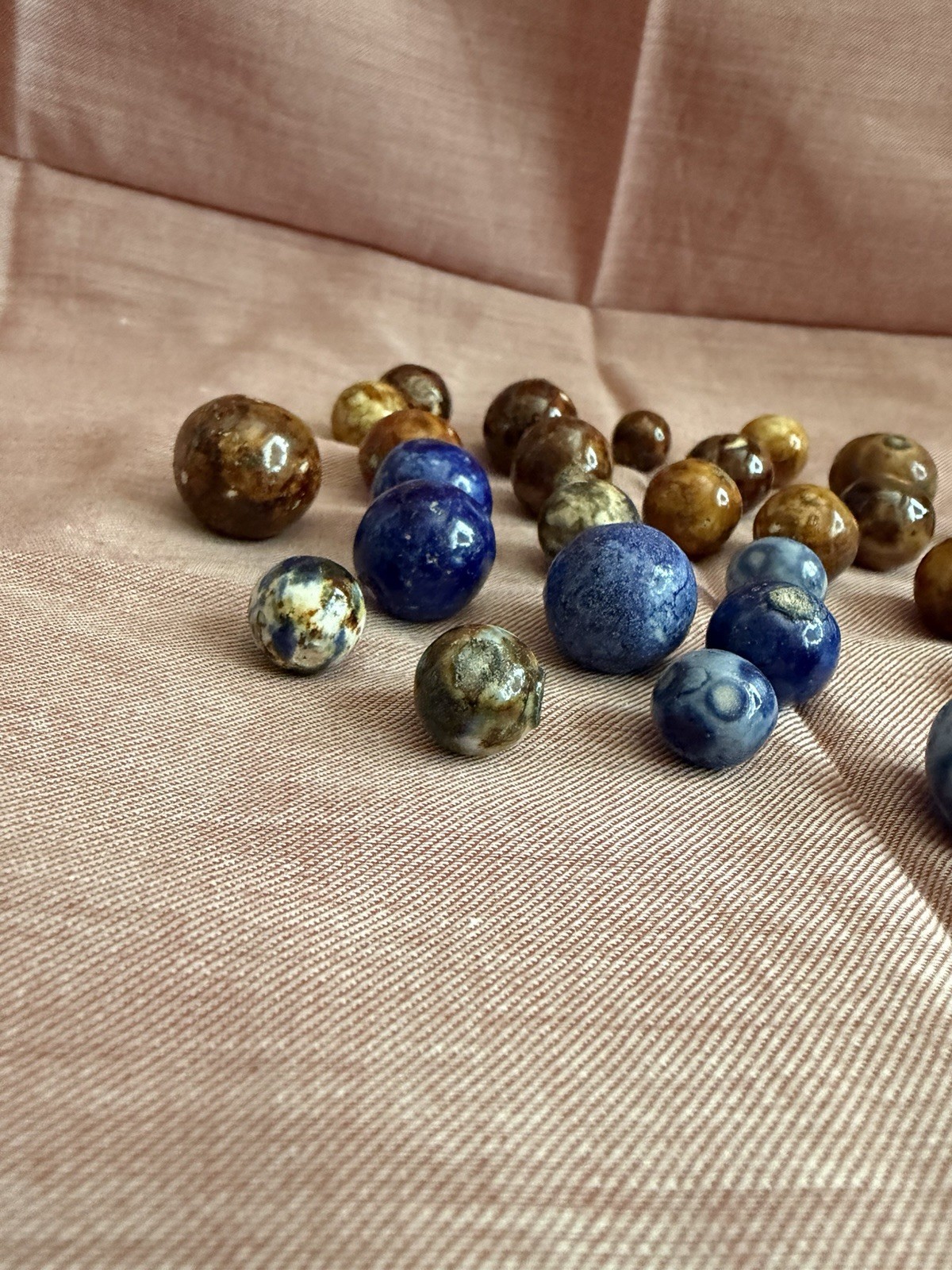 Bennington Marbles 33 Piece Lot Blue Brown Fancy Salt Glazed Clay