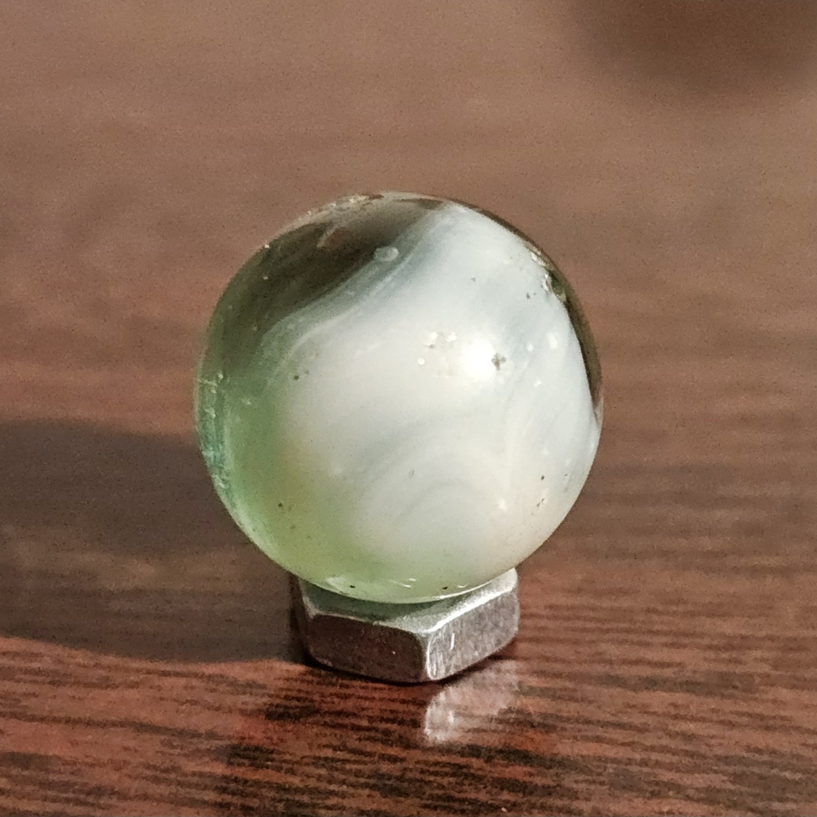 Vintage Master Glass Opaque White Swirl and Green Glass .593 Marble