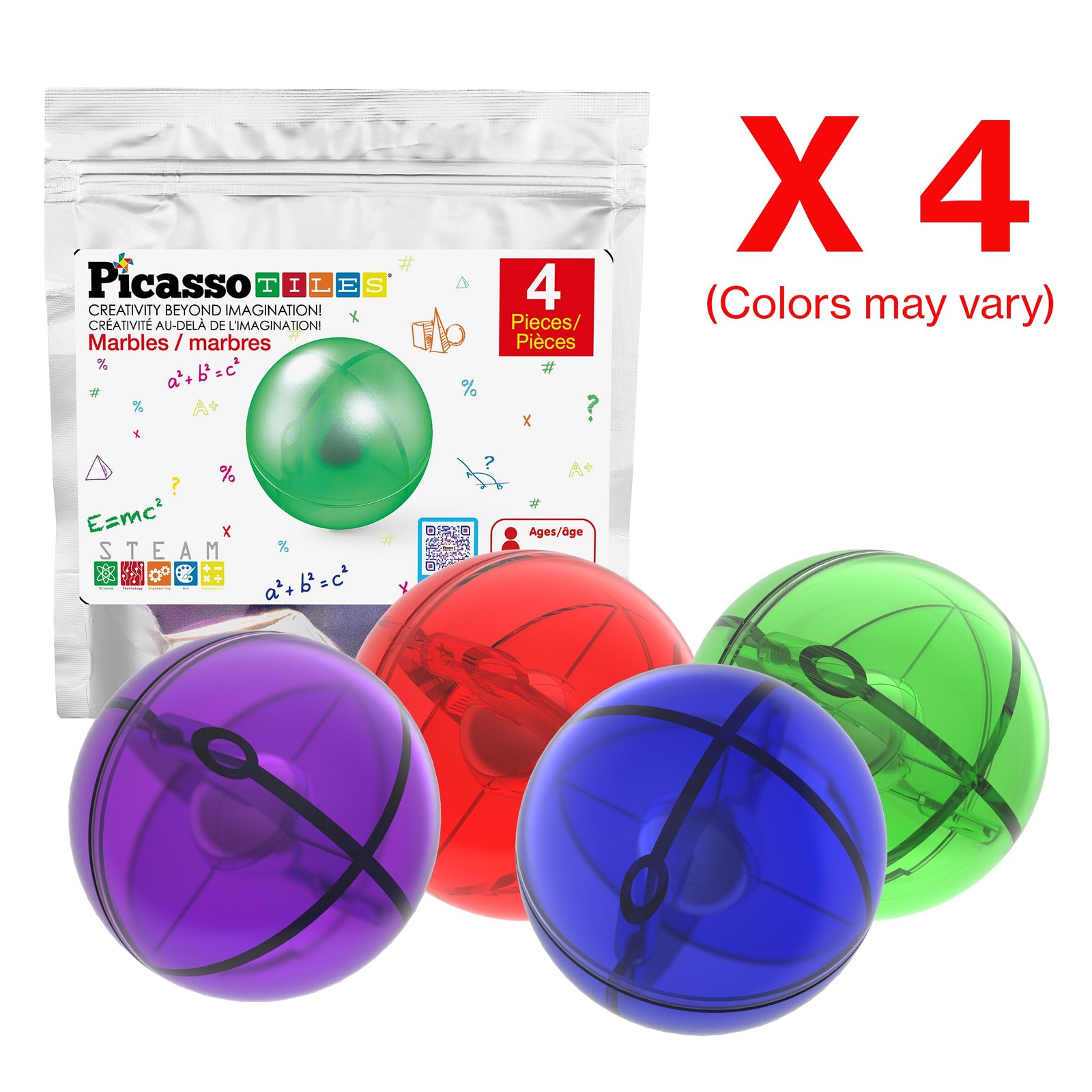 PicassoTiles 4pc Marbles for Magnetic Block Tiles Marble Medium, Multicolor