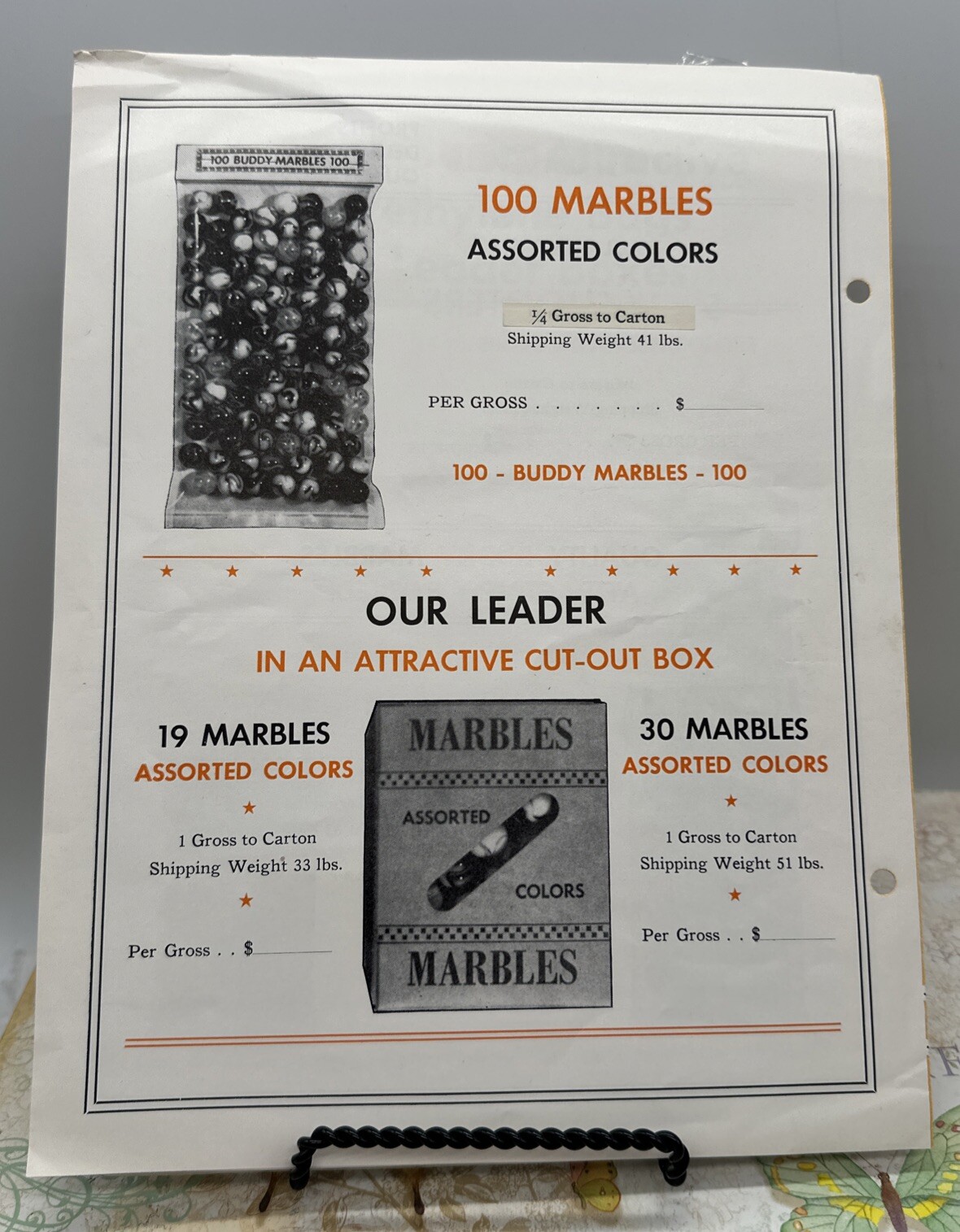 “AMERICAN MADE QUALITY MARBLES” RAVENSWOOD NOVELTY RETAILER’S FOLDER C. 1940
