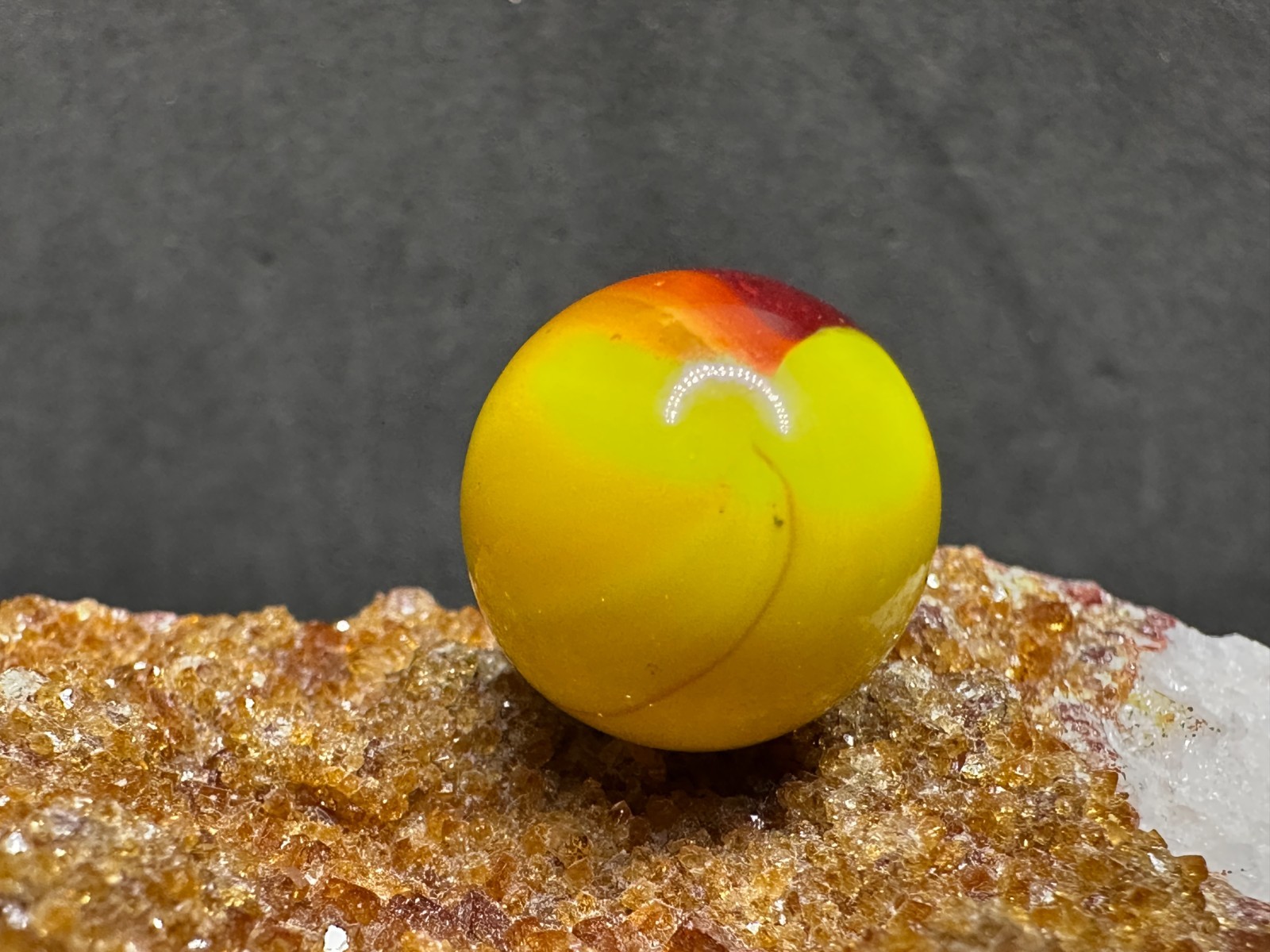 Vintage Akro Agate Royal Patch Marble – Red & Yellow – .60″ Very Nice!