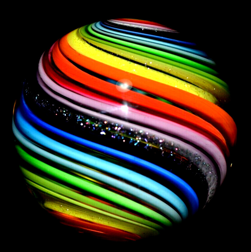 EDDIE SEESE GLASS MARBLE/1.783″-DICHROIC RAINBOW JOSEPH’S COAT-AVOCADO,LILAC,RED
