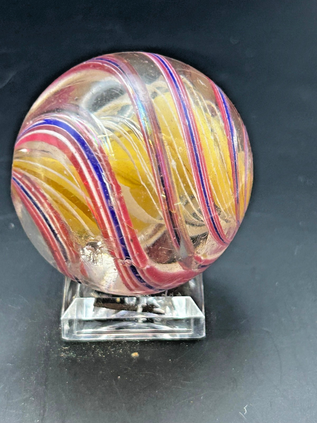 Antique German 3 Stage Solid Core Latticino Ribbon Marble 1 15/32″ NM+ E3.1