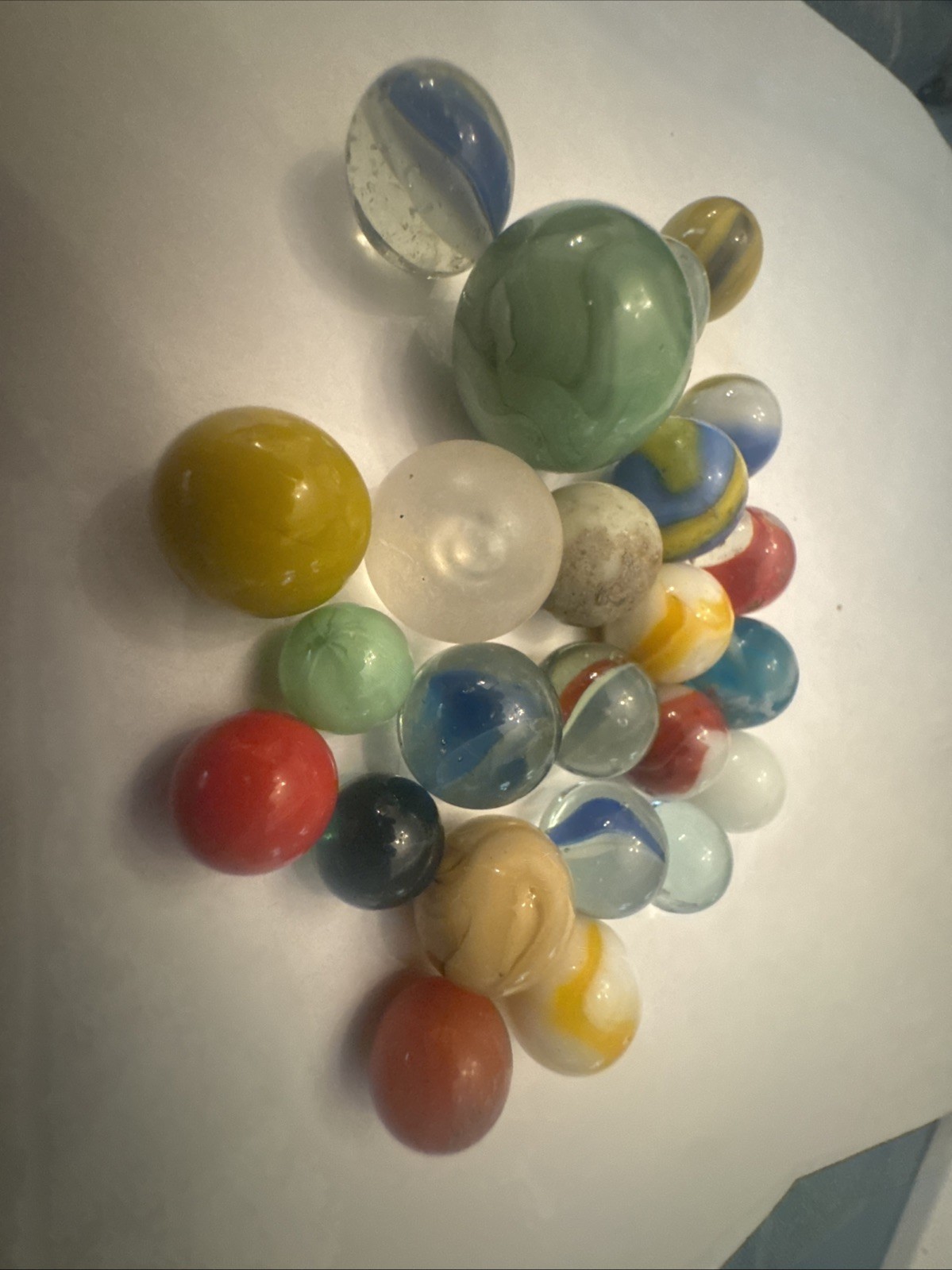 Vintage Mixed Glass Marble Collection 24 Marbles: One Shooter, Cat’s Eye, Swirl