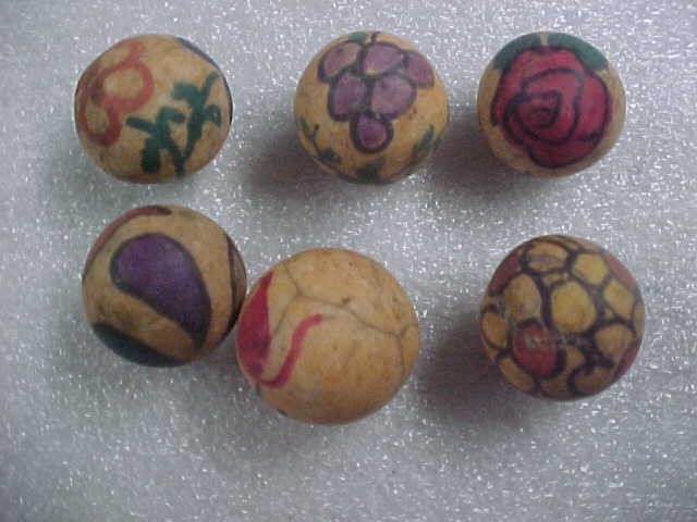 Group of 6 Hand painted Clay Marbles 11/16 to 3/4 in.Beautiful-Hard to find